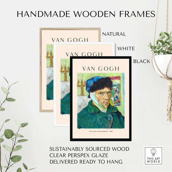 Handmade wooden frames in natural, white, and black for Van Gogh prints, featuring sustainably sourced wood and clear glaze.