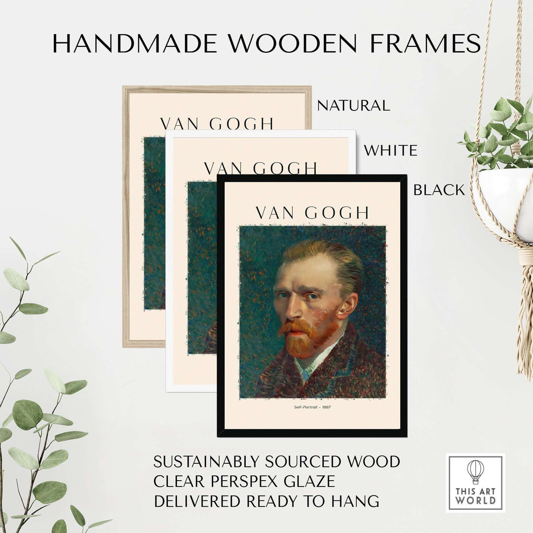 Handmade wooden frames in natural, white, and black for Vincent van Gogh art prints, made from sustainably sourced wood.