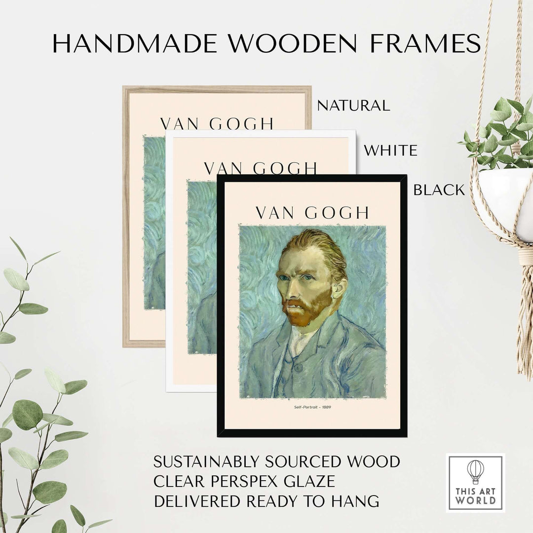 Handmade wooden frames in natural, white, and black for Vincent van Gogh art prints, sustainably sourced and ready to hang.