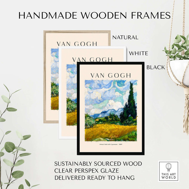 Handmade wooden frames in natural, white, and black colors for Van Gogh art prints, ready to hang.