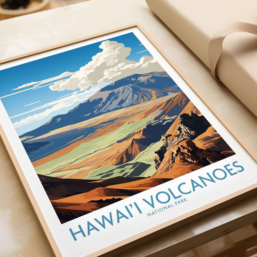 Vivid print of Hawaiʻi Volcanoes National Park showcasing volcanic mountains and lush landscapes, ideal for home decor.