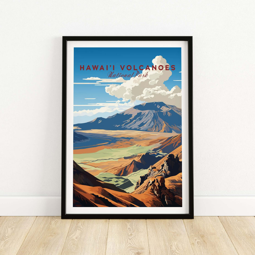 Hawaiʻi Volcanoes poster featuring stunning landscape of Big Island, showcasing vibrant volcanic scenery and national park beauty.