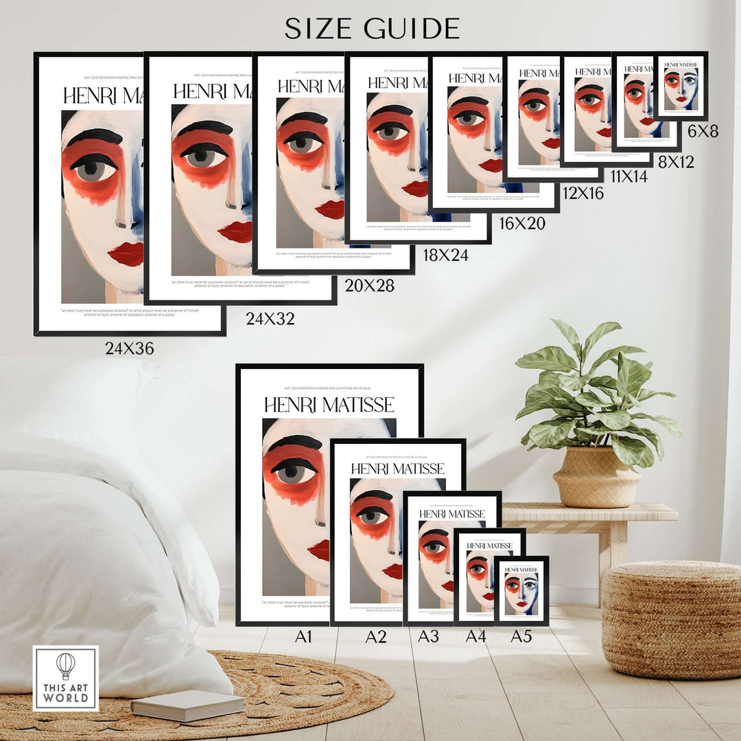 Size guide for Matisse abstract face portrait prints in various dimensions, displayed elegantly in a modern room.