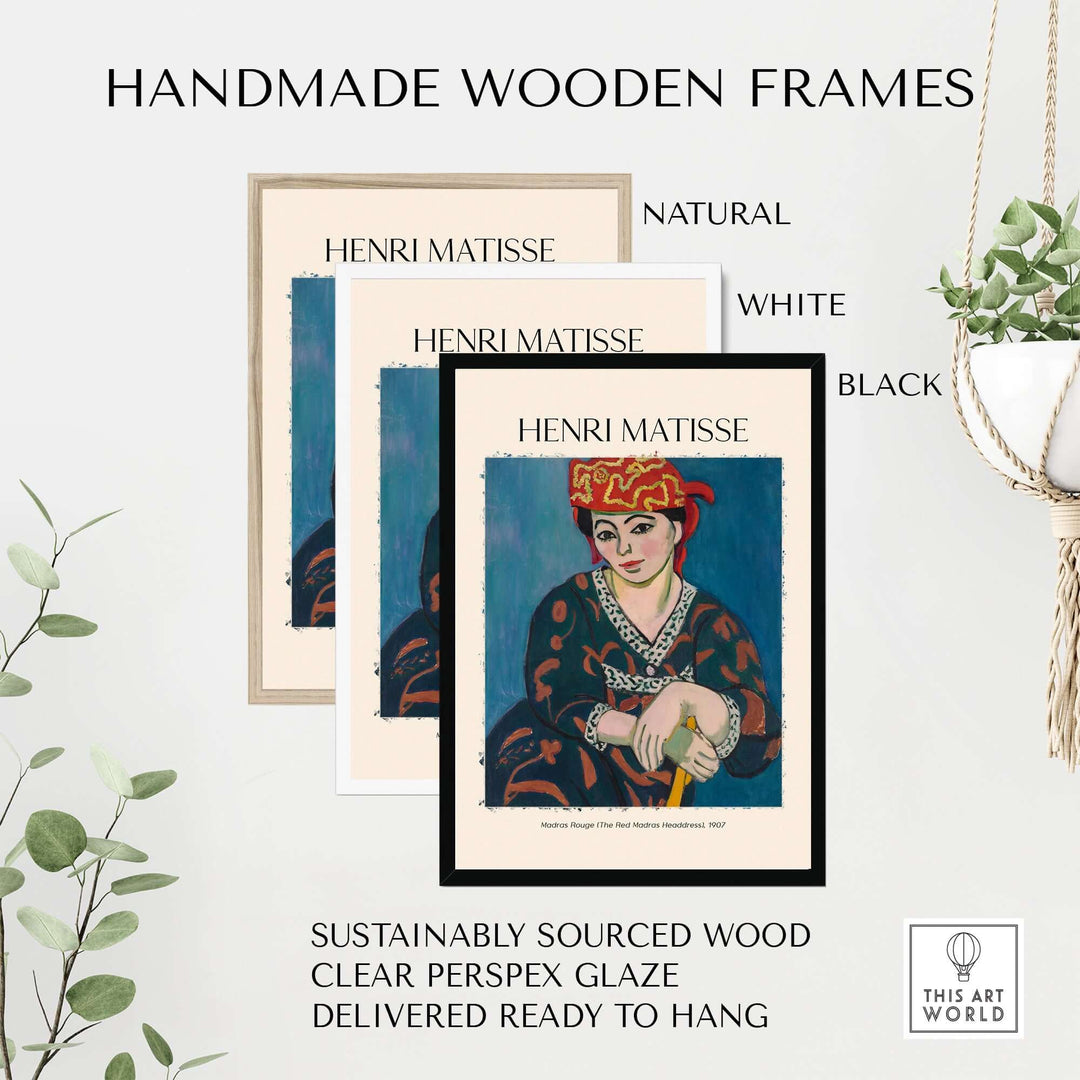 Handmade wooden frames in natural, white, and black for Matisse art prints, showcasing sustainable materials and ready-to-hang design.