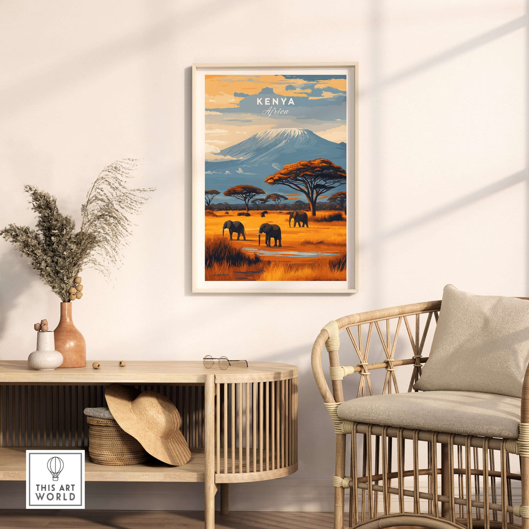 Kenya Africa Elephant Safari Poster featuring mountains and wildlife art in a modern living room setting.