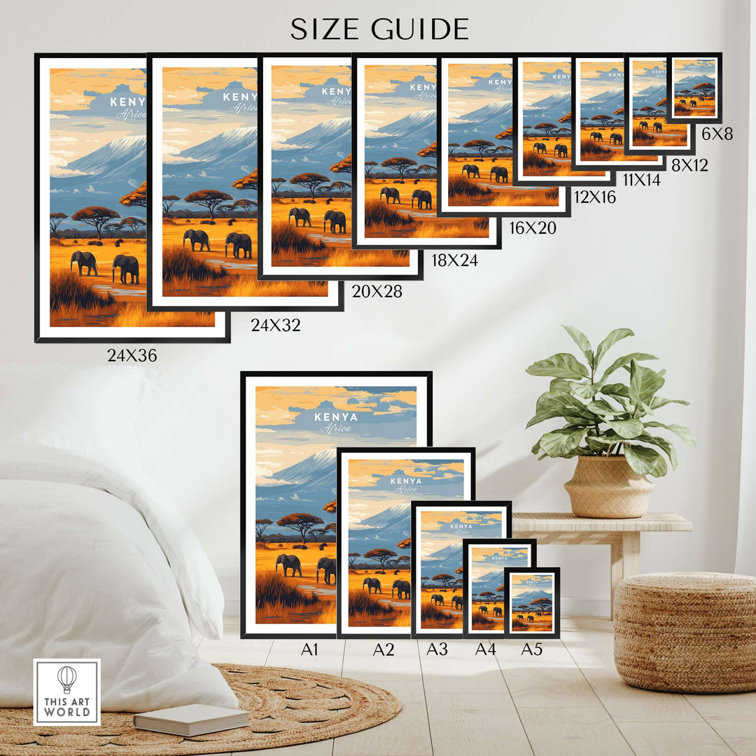 Size guide for Kenya Africa Elephant Safari Poster showcasing various frame sizes and design features.