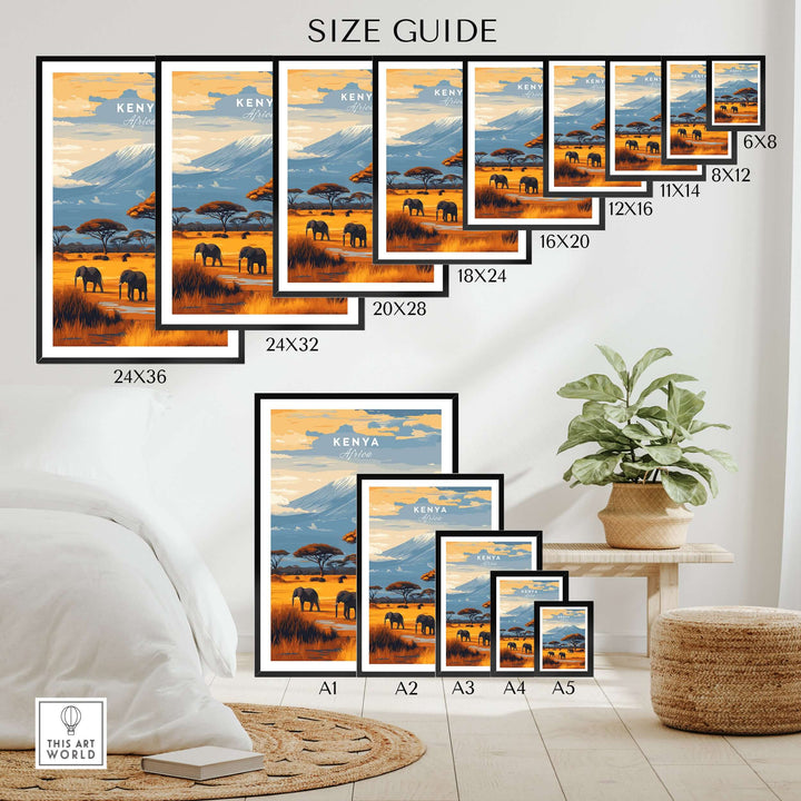 Size guide for Kenya Africa Elephant Safari Poster showcasing various frame sizes and design features.
