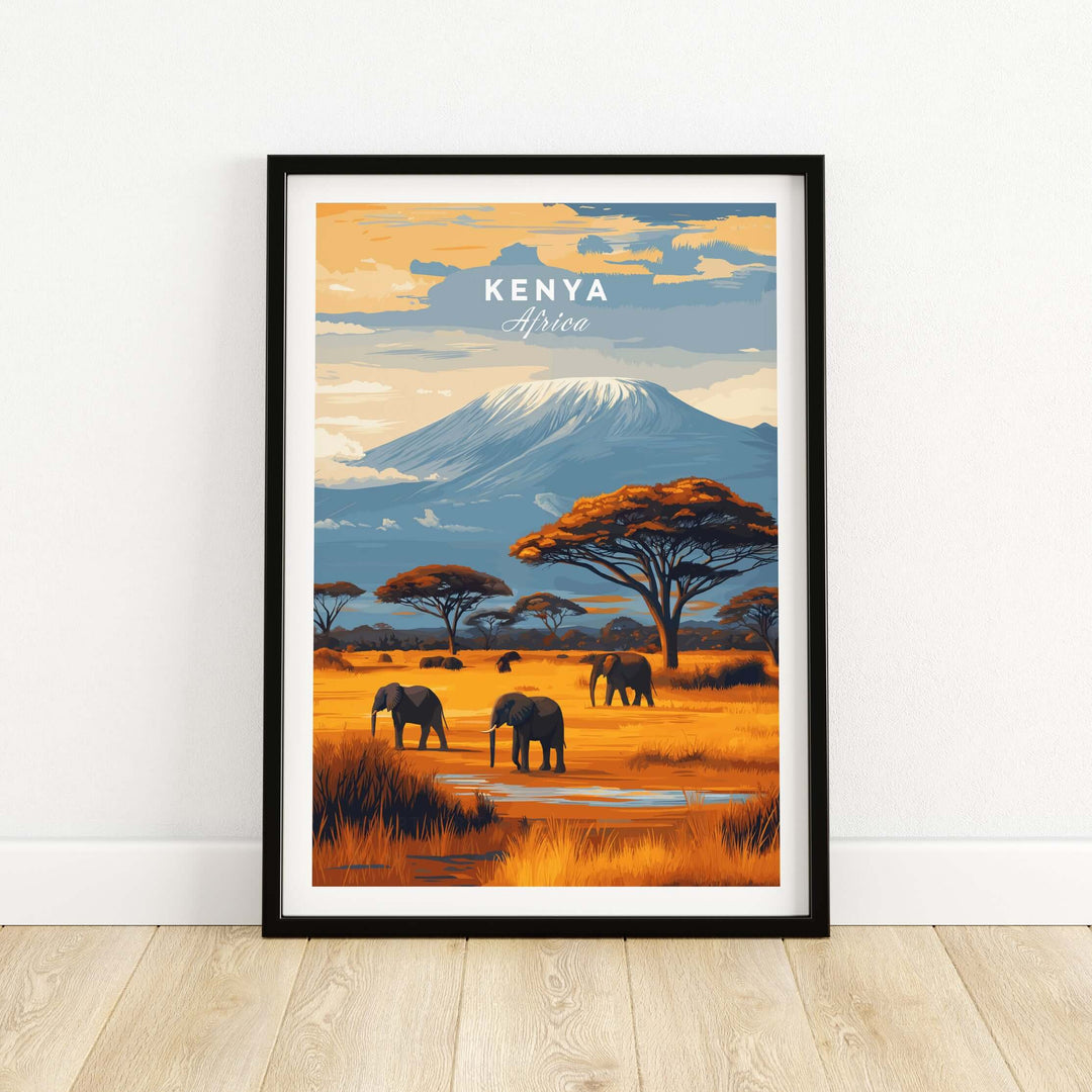 Kenya Elephant Safari Poster featuring majestic elephants against a mountain backdrop in warm tones.