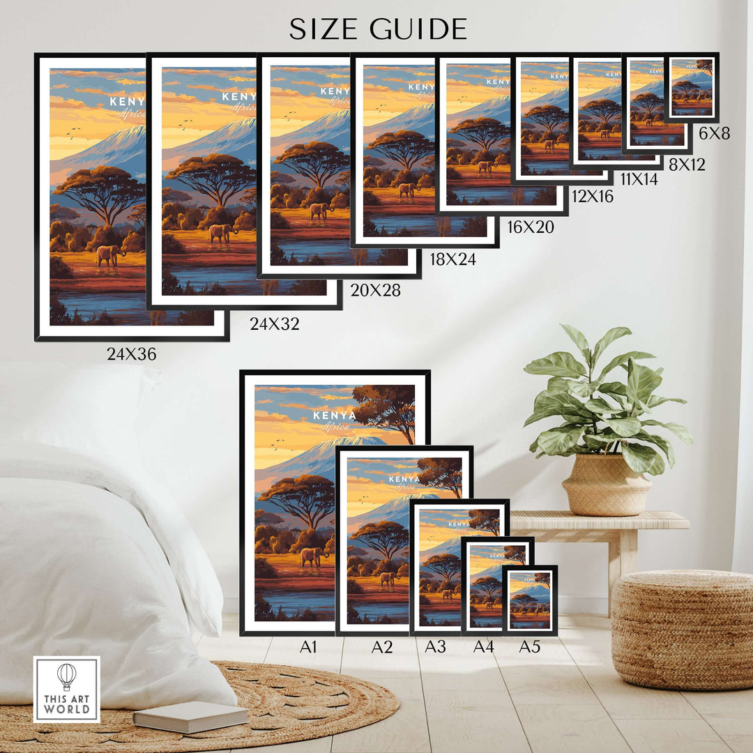 Size guide for Kenya Africa Giraffe Zebra poster, showcasing various print dimensions and a stylish living space.