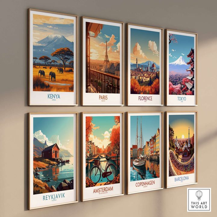 Array of vibrant travel prints including Kenya, Paris, Florence, and Tokyo on a gallery wall.