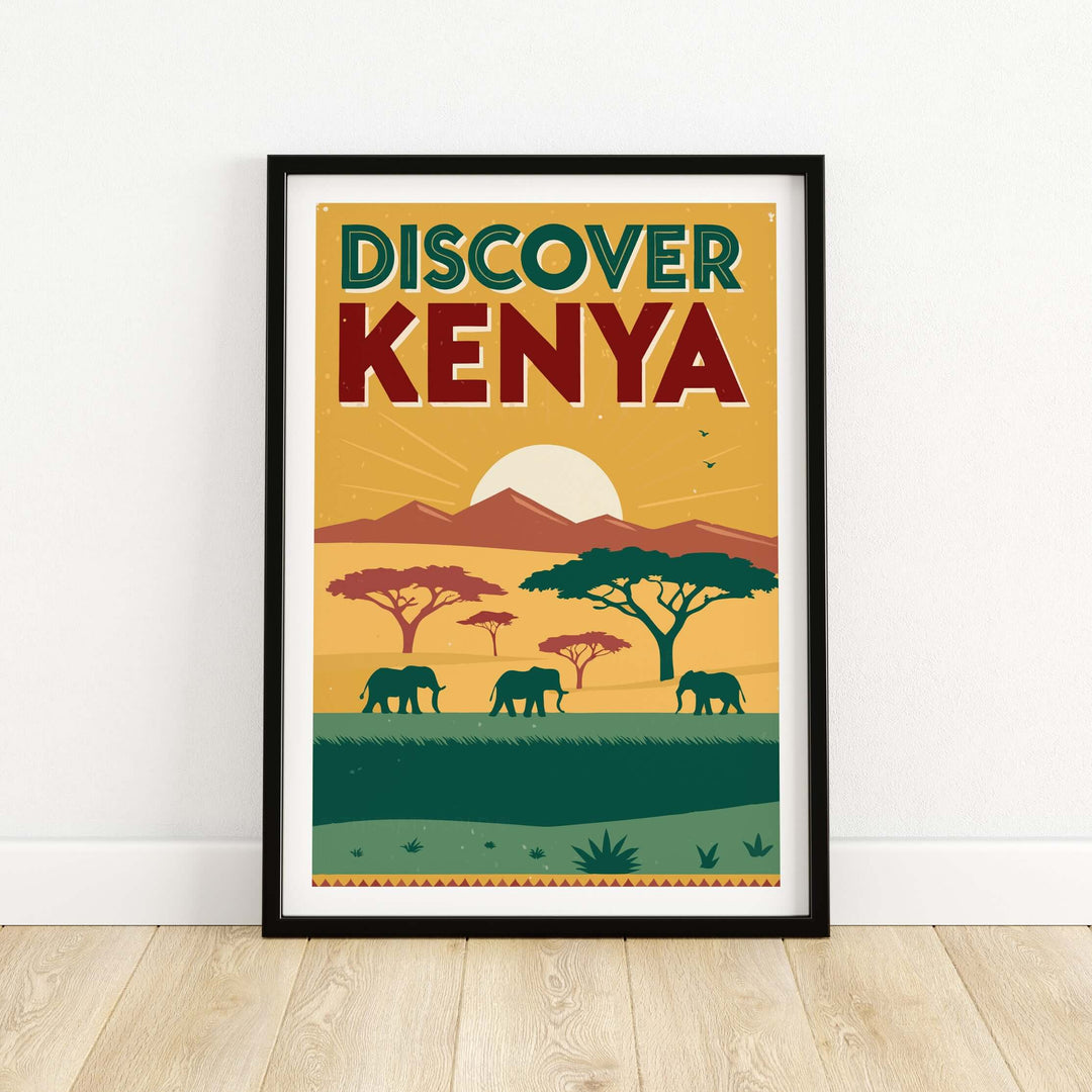 Kenya safari poster featuring elephants and vibrant landscapes, perfect wall decor for travel enthusiasts and nature lovers.