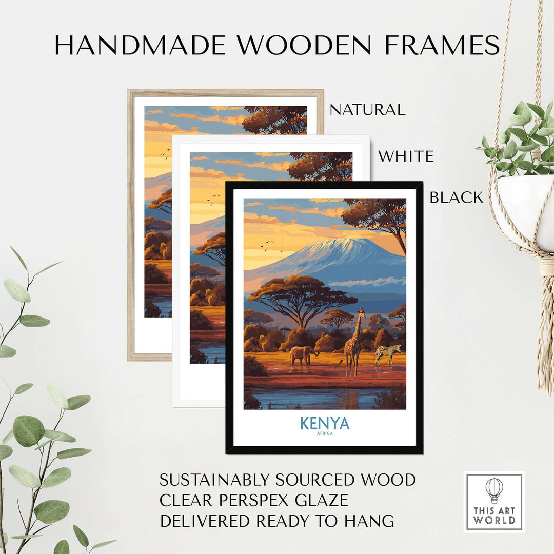 Handmade wooden frames in natural, white, and black showcasing Kenya safari print artwork, featuring sustainable materials.