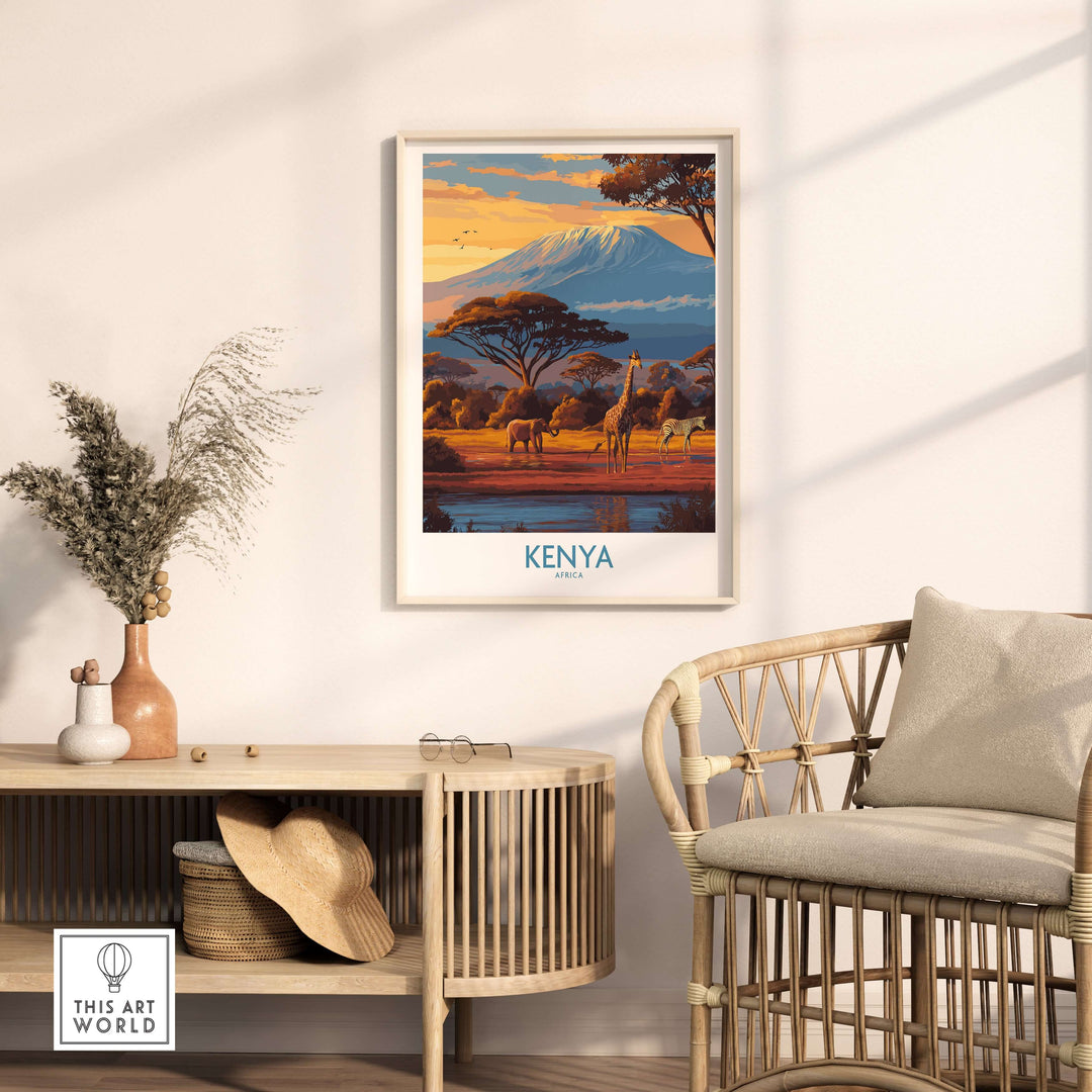 Kenya Safari Print showcasing African landscape with giraffes near water, perfect travel decor for adventurous home interiors.