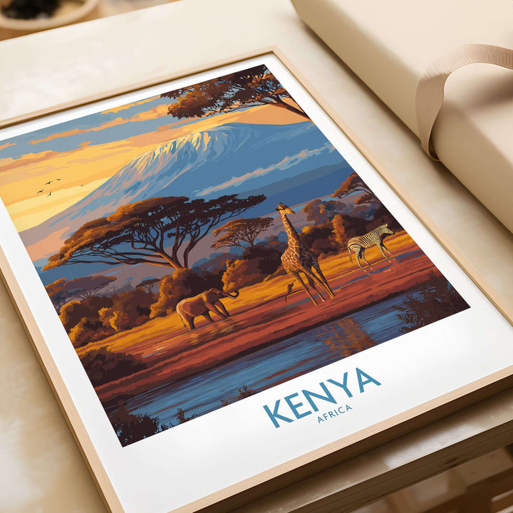 Kenya Safari Print featuring vibrant African landscape with giraffes, elephants, and Mt. Kilimanjaro, perfect travel decor.