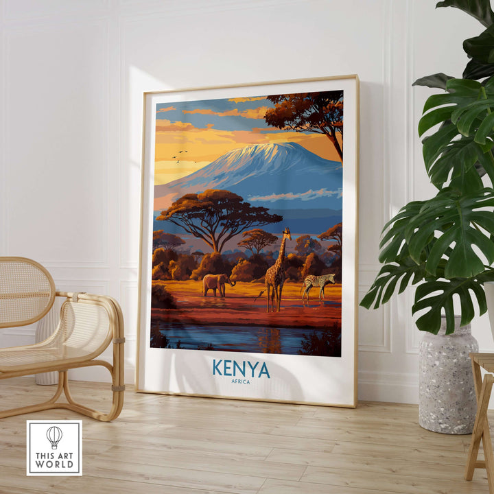 Kenya safari print showcasing giraffes and mountain, ideal travel decor for adding adventure to home interiors.