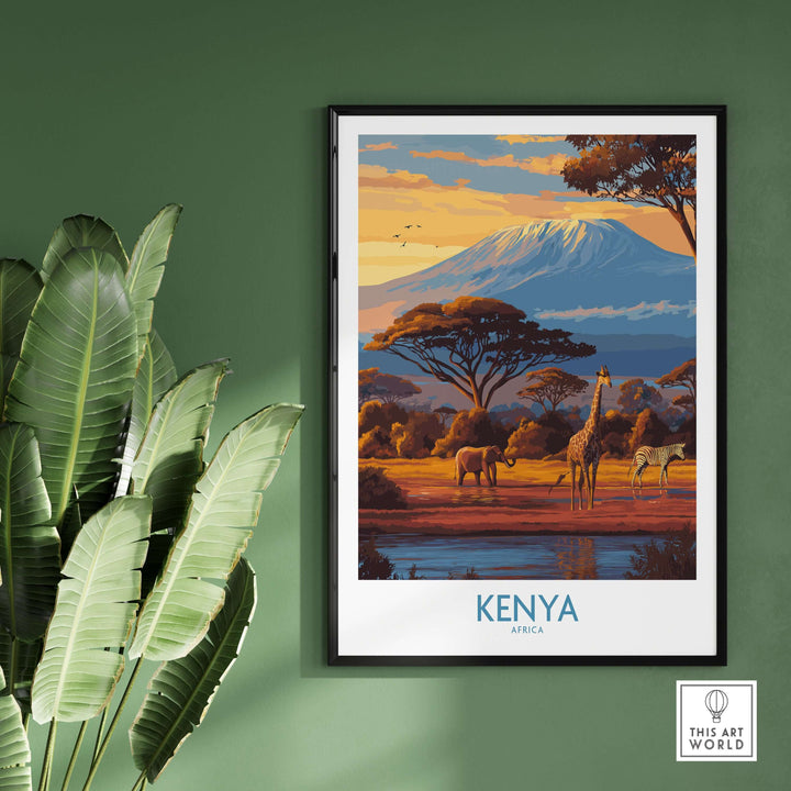 Kenya Safari Print featuring vibrant African landscape with giraffes and mountains, perfect travel decor.