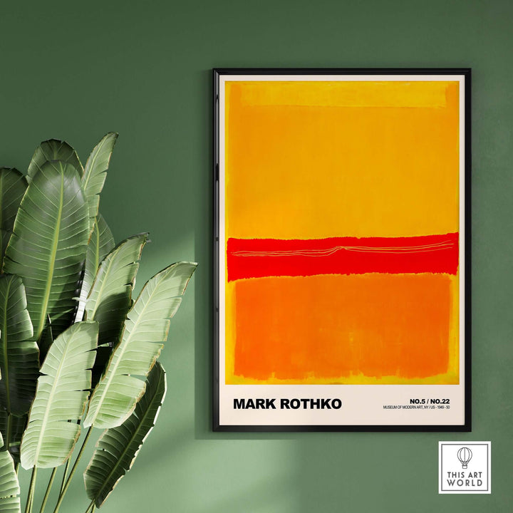 Mark Rothko No. 5 / No. 22 abstract expressionist print featuring vibrant red, orange, and yellow colors on a green wall.