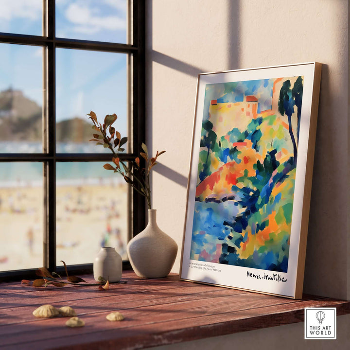 Matisse abstract coastal landscape poster displayed indoors with beach view, vibrant colors and bold strokes.