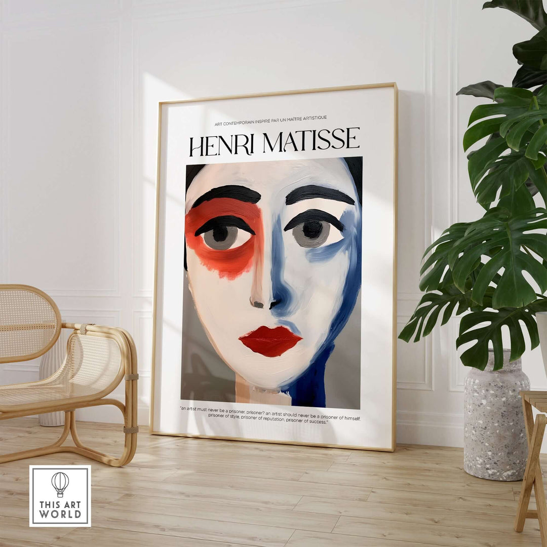 Henri Matisse-inspired abstract portrait print framed, featuring colorful face design in a modern interior setting.