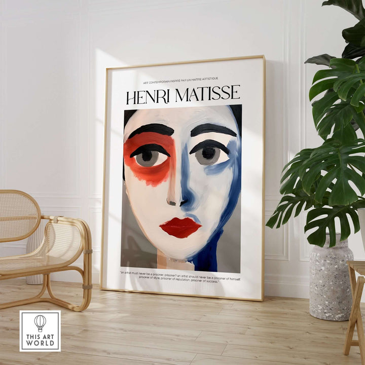 Henri Matisse-inspired abstract portrait print framed, featuring colorful face design in a modern interior setting.