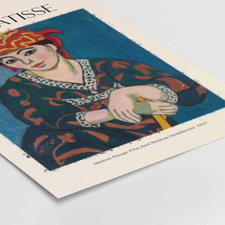 Henri Matisse 1907 art print of Madras Rouge, featuring vibrant colors and a striking red headdress.