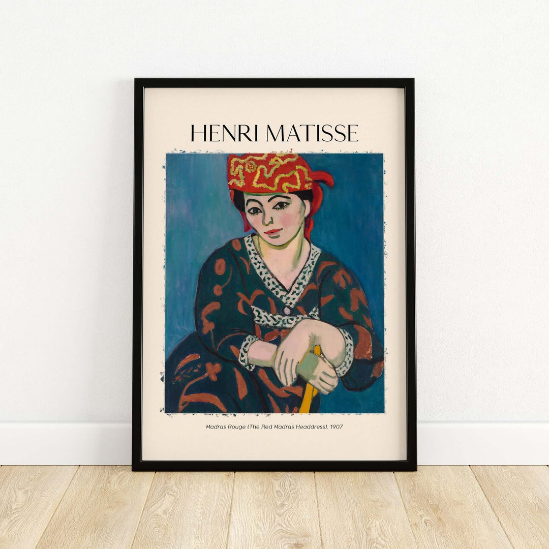 Henri Matisse art print of 'Madras Rouge' (1907) featuring a woman in a red headdress and blue background.
