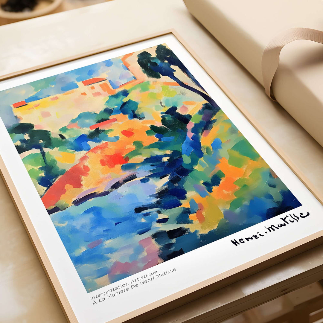 Abstract coastal landscape art print inspired by Matisse, featuring vibrant colors and bold brushstrokes.