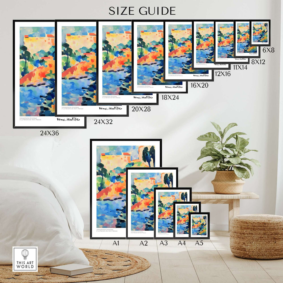 Size guide for Matisse abstract coastal landscape art prints in various dimensions displayed in a modern living space.