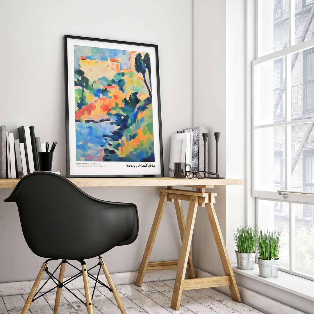 Matisse abstract coastal landscape poster in a modern workspace with plants and books.