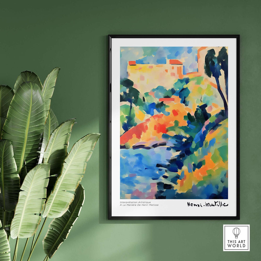 Matisse abstract coastal landscape poster featuring vibrant colors and lively brush strokes above green plants.