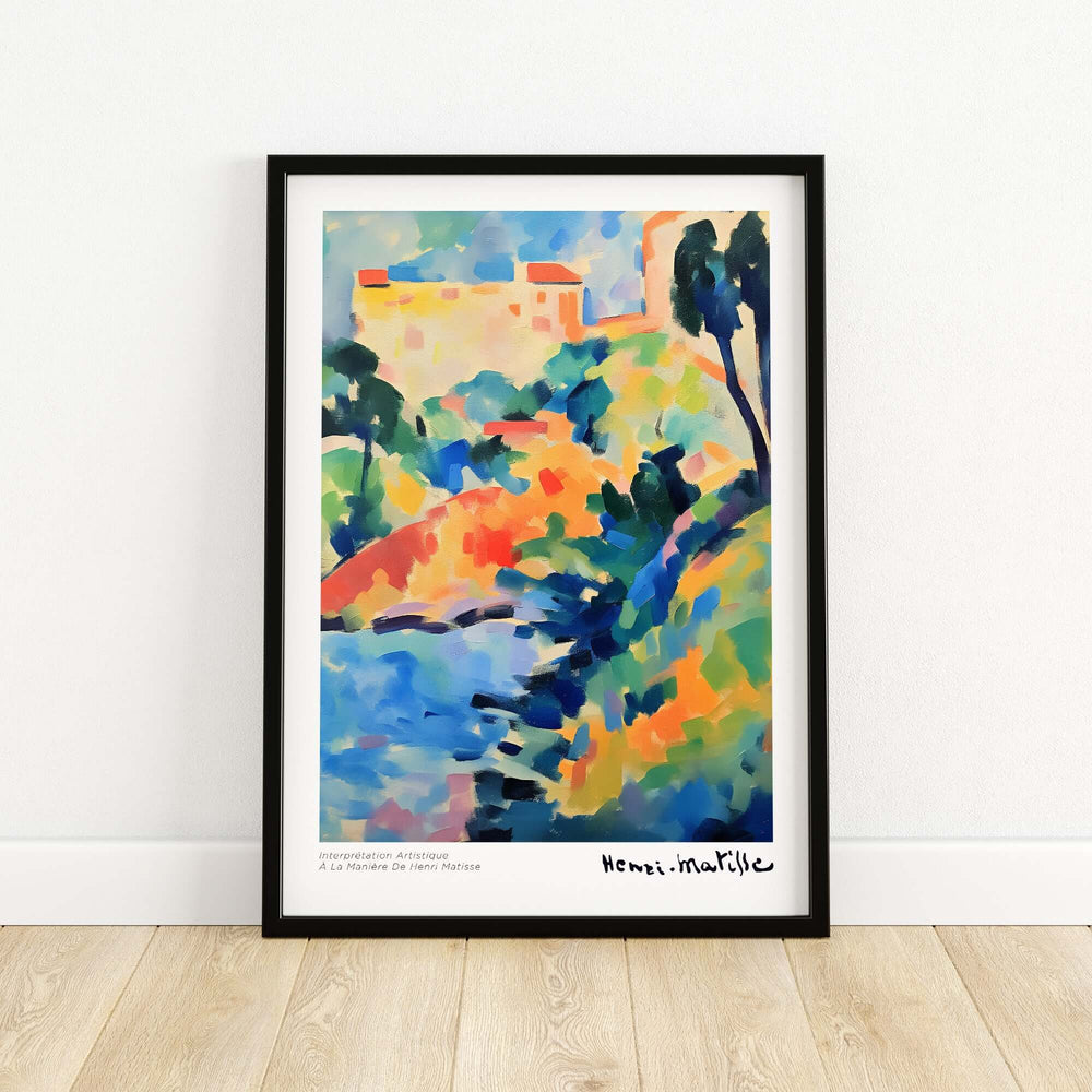 Colorful abstract coastal landscape poster inspired by Matisse's Fauvist style, featuring bold strokes of blue, green, and orange.