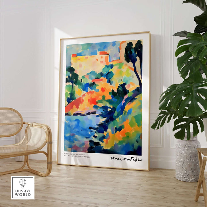 Abstract coastal landscape poster inspired by Matisse, featuring bold colors and simplified shapes in a stylish interior.