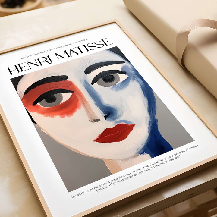 Matisse-inspired abstract face portrait poster featuring bold colors and expressive facial features.