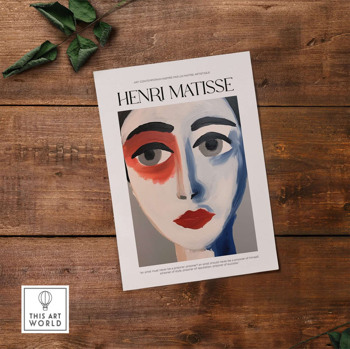 Henri Matisse abstract face portrait print featuring bold colors and striking expression on wooden background.