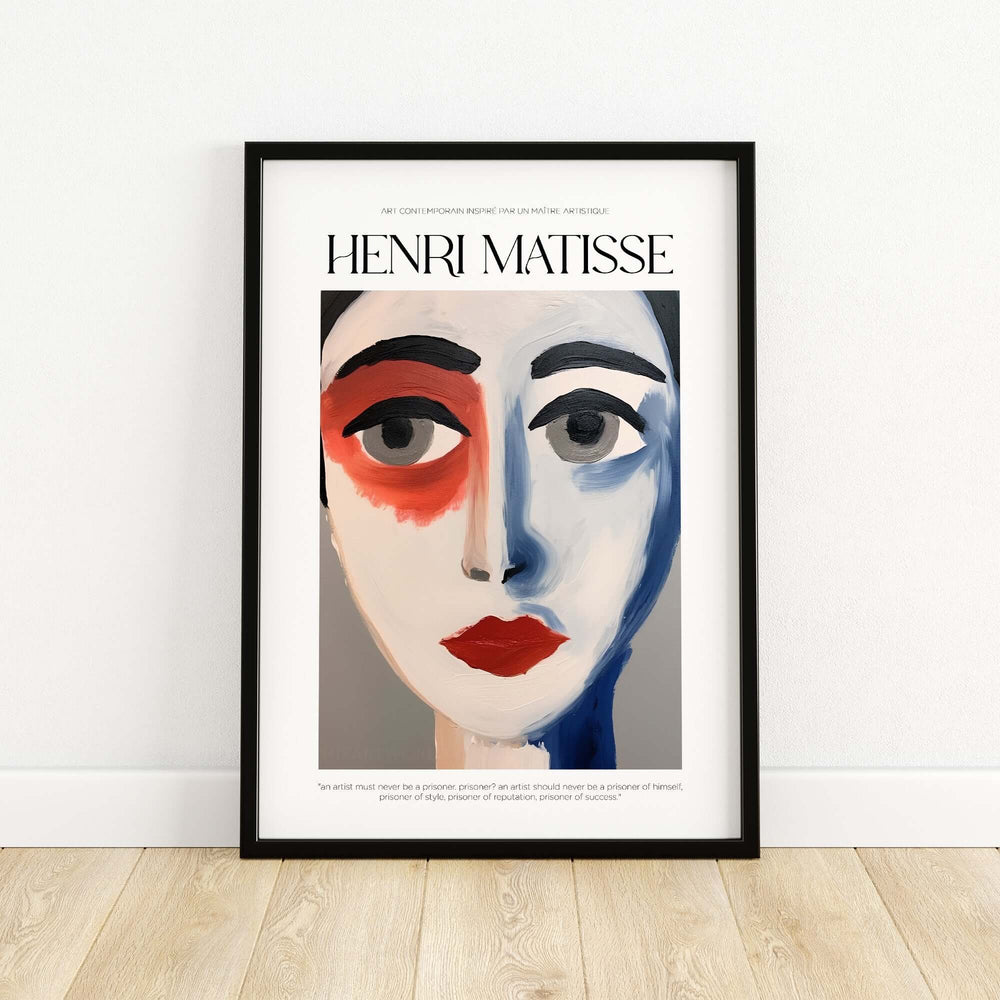 Henri Matisse-inspired abstract face portrait poster with bold colors and striking features.