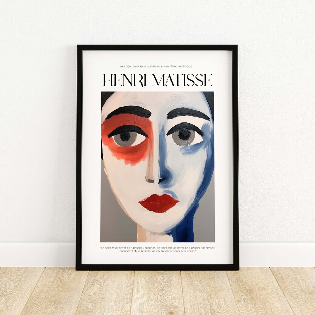 Henri Matisse-inspired abstract face portrait poster with bold colors and striking features.
