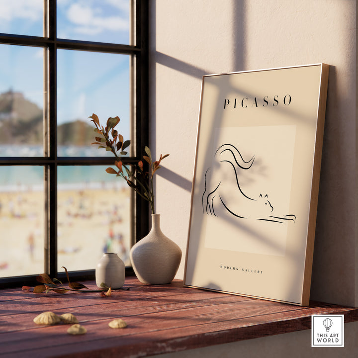 Minimalist line art poster of a stretching cat in a stylish interior setting with a beach view.