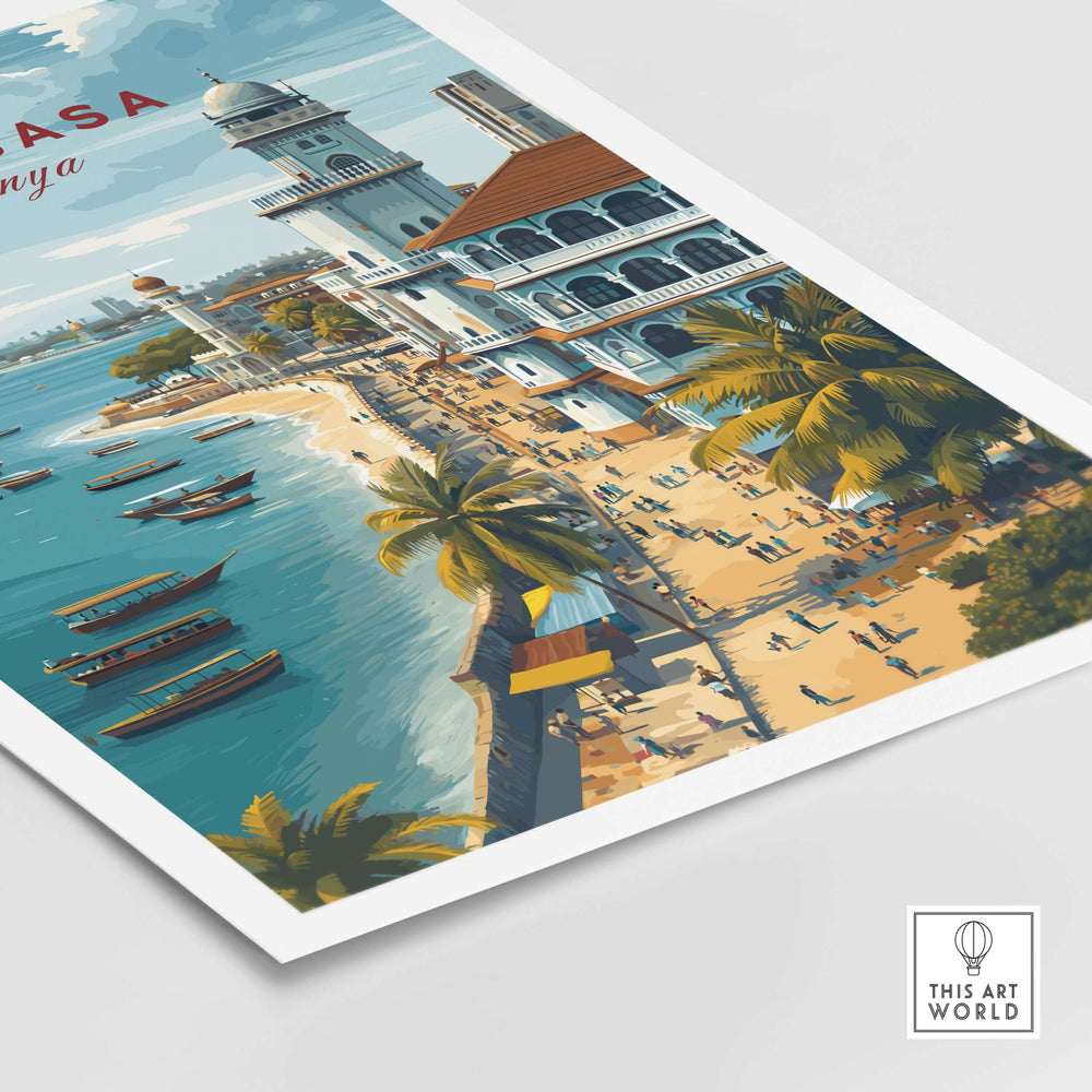 Mombasa Kenya Old Town print showcasing coastal scenery, historic architecture, and vibrant beach life.