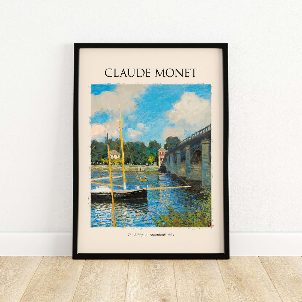 Monet's The Bridge at Argenteuil art print showcasing the Seine river with boats and vibrant summer sky.