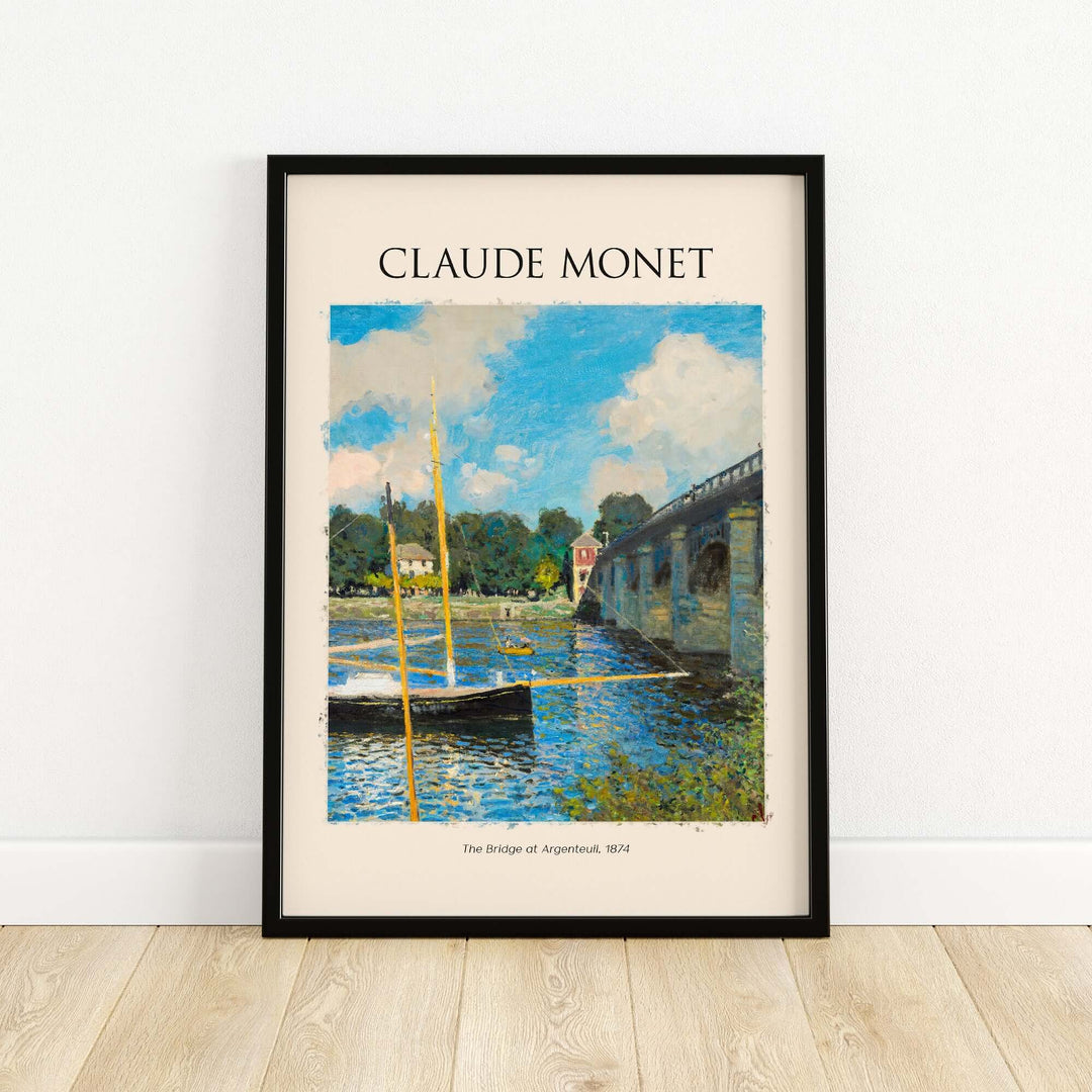 Monet's The Bridge at Argenteuil art print showcasing the Seine river with boats and vibrant summer sky.