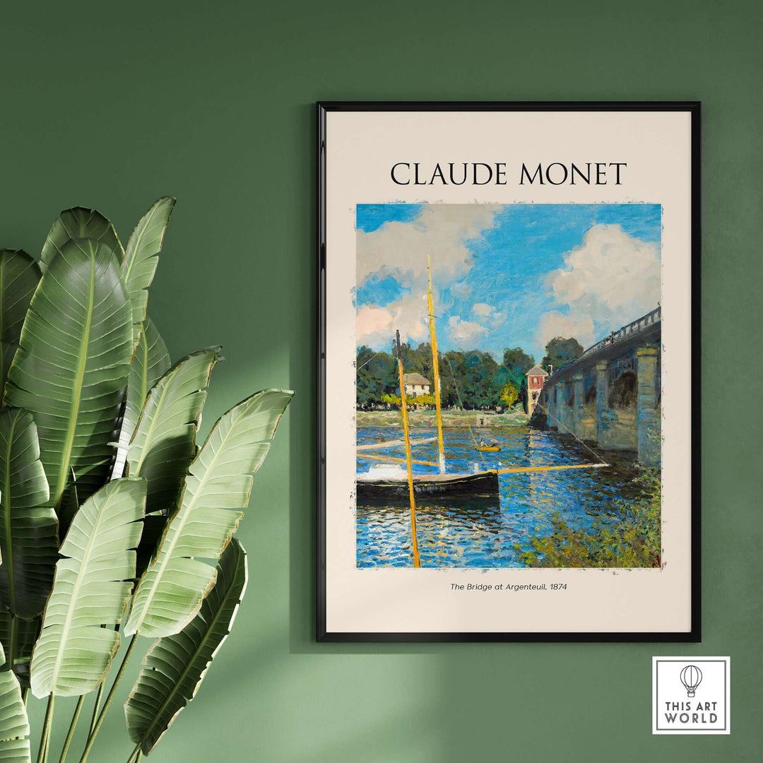 Monet's The Bridge at Argenteuil landscape art print poster showcasing the Seine river and sailboats.