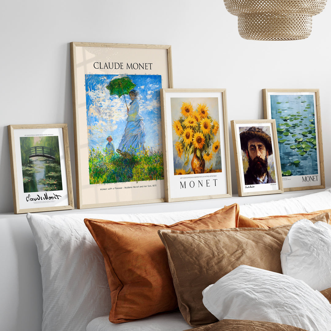 Gallery wall featuring Monet art prints, including 'Woman with a Parasol' and 'Water Lilies', above decorative pillows.