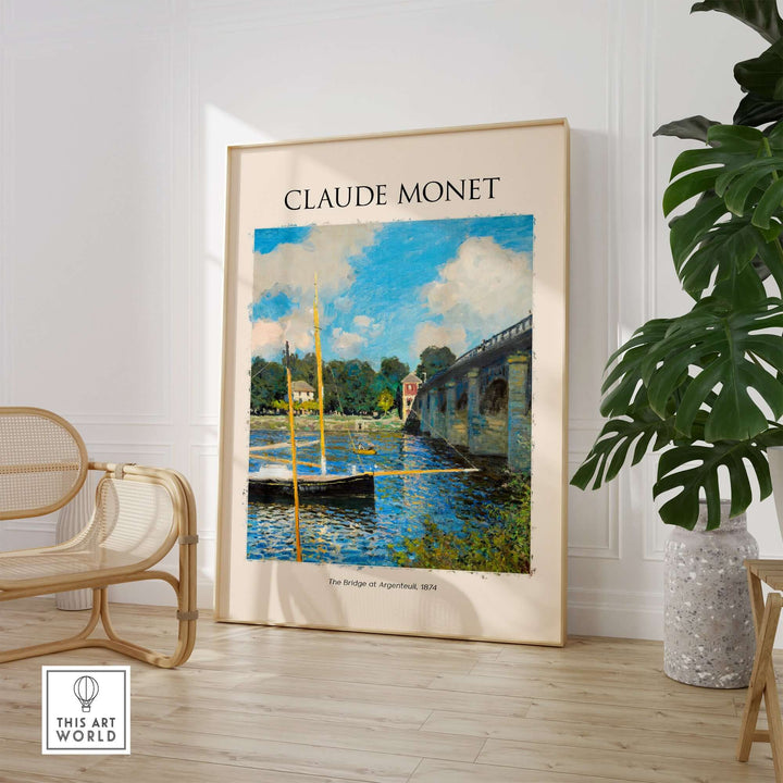 Monet's The Bridge at Argenteuil art print poster showing the Seine river and sailboats under a summer sky.