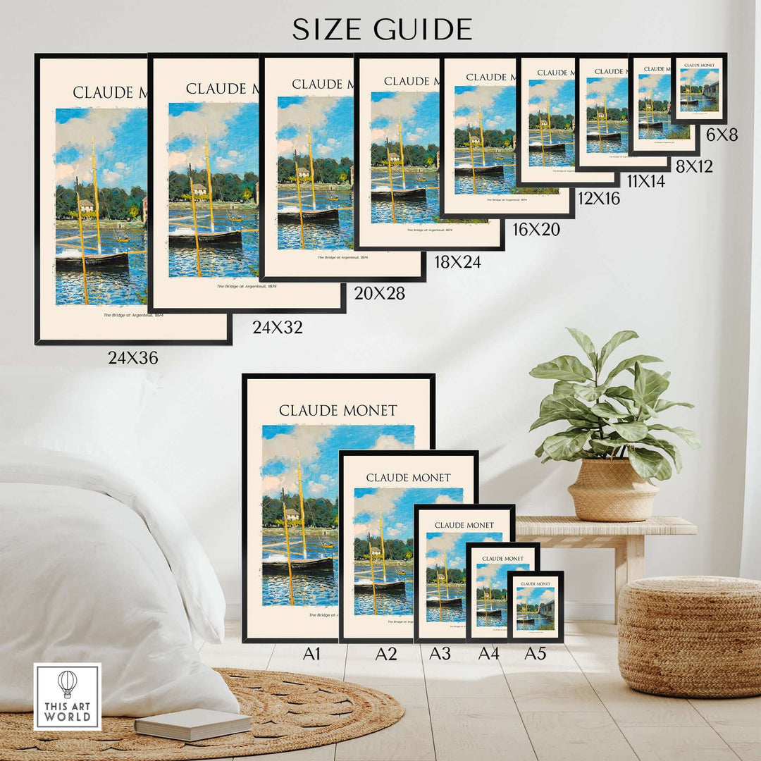 Size guide for Claude Monet art prints, showcasing various dimensions for 'The Bridge at Argenteuil'.