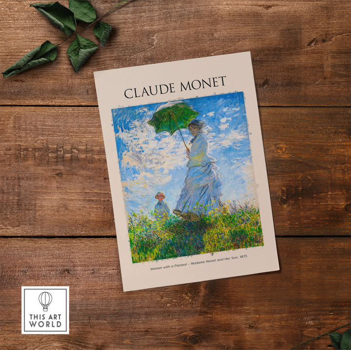 Claude Monet art print of 'Woman with a Parasol' featuring Camille and Jean in a sunlit field, 1875.