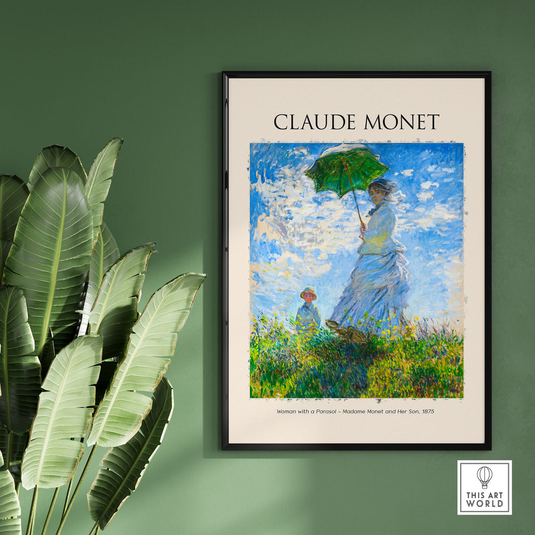 Monet art print of 'Woman with a Parasol' featuring Camille Monet and her son Jean, capturing Impressionist style.
