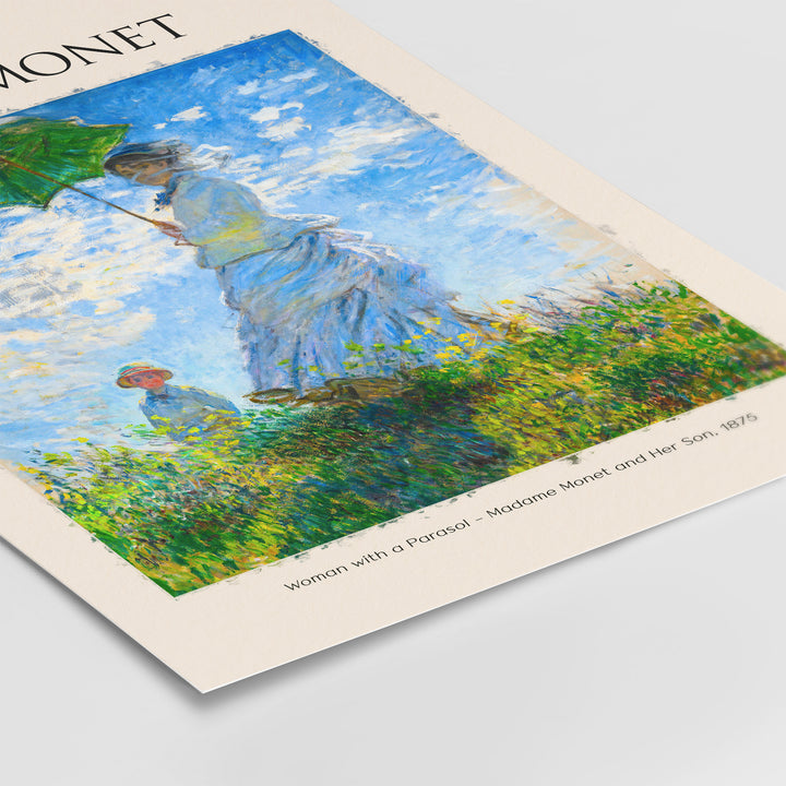 Monet 'Woman with a Parasol' art print featuring Madame Monet and son in a sunny field, capturing Impressionist style.
