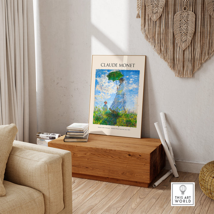 Monet art print of 'Woman with a Parasol' displayed in a modern living room setting.