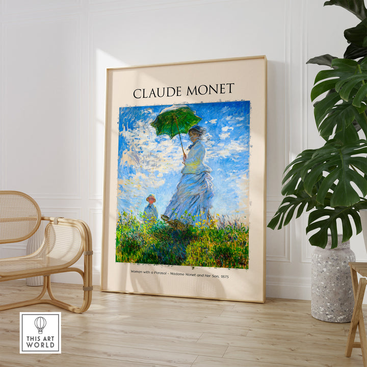 Monet art print 'Woman with a Parasol' featuring Camille and Jean in a sunlit field under a blue sky.