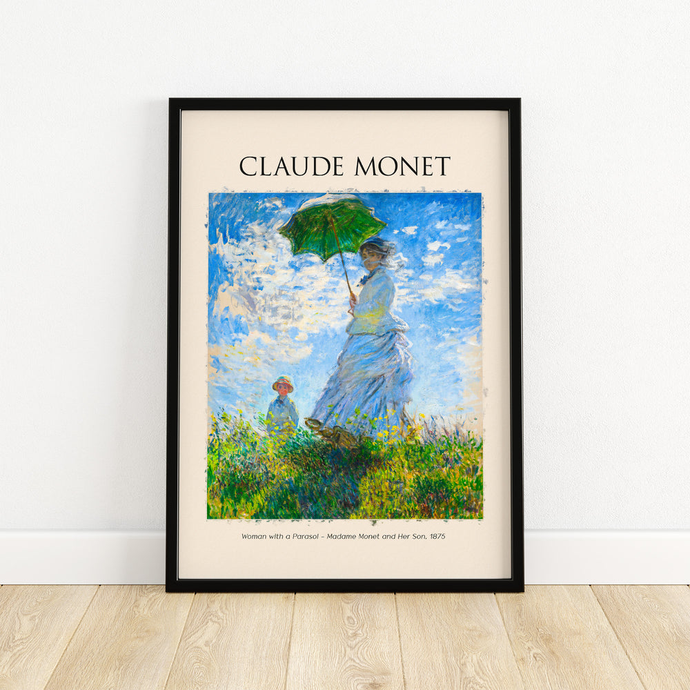 Monet's Woman with a Parasol art print featuring Madame Monet and her son, showcasing Impressionist style and bright colors.